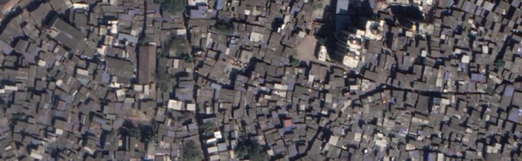 Satellite imagery of dense slum in Mumbai, India.