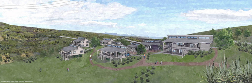 Drawing of a series of buildings scattered along a lush landscape under a blue sky with clouds.