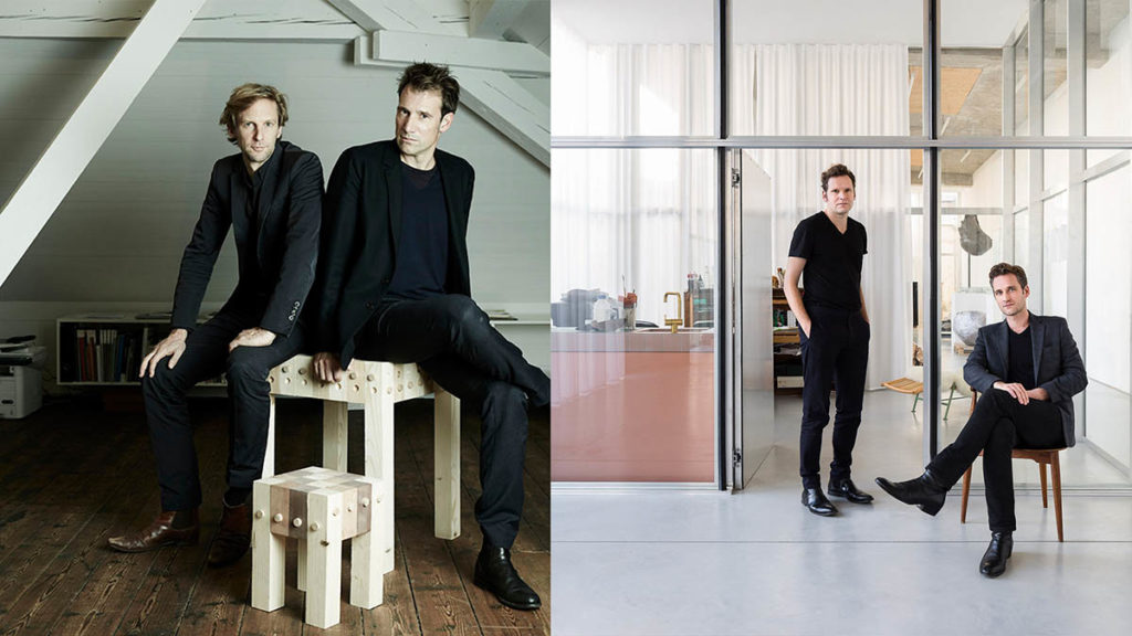 Side-by-side photographs of founders of Christ & Gantenbein and OFFICE Kersten Geers David Van Severen. Each photo shows two figures wearing all black in an office space.