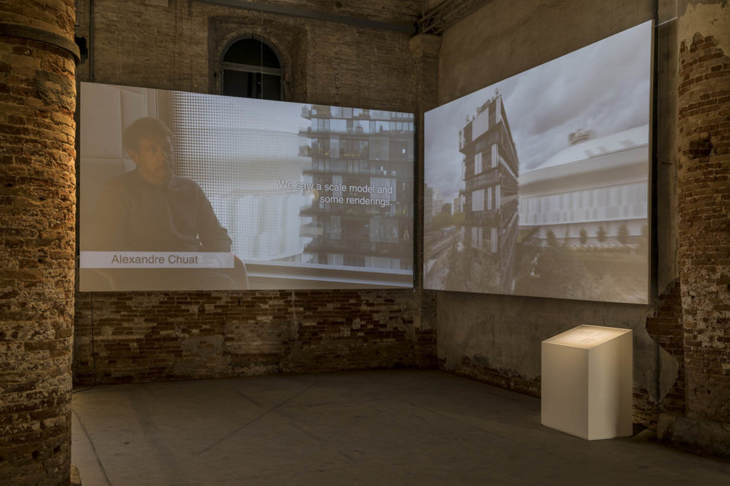 View of two screens, part of an installation at the Venice Biennale