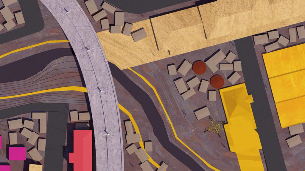 Aerial view of a model urban landscape in yellow, purple and pink