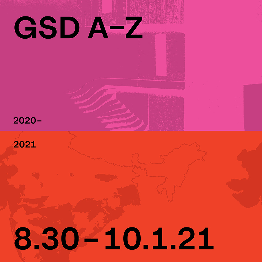 Two brightly colored background images of an architectural form and a map, overlayed with text of the Exhibition title and dates.