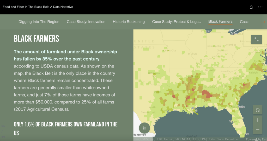 Slide from a power point entitled "Food and Fiber in the Black Belt: A Data Narrative" on Black Farmers. The slide shows a map of the southern United States and points out that only 1.6% of Black farmers own farmland in the US.
