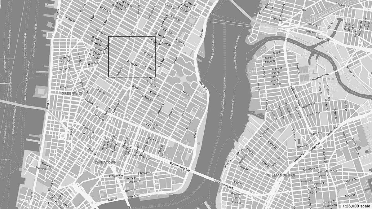 Aerial map of Lower Manhattan, with a rectangle around the section of Manhattan showing the location of Union Square, where Broadway intersects with East 14th Street through East 17th Street.