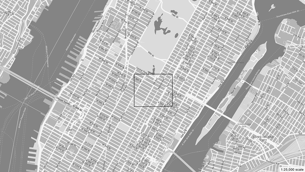 Aerial map of Midtown Manhattan with a rectangle around a section of city blocks on the southeast corner of Central Park, including 6th Avenue through Park Avenue and 50th Street through 62nd Street.