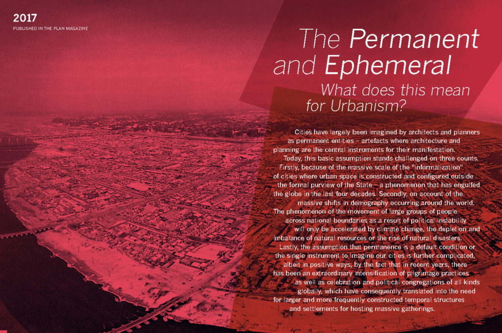 Book spread featuring the essay "The Permanent and Ephemeral." The background is an urban scene from above with a pink filter.