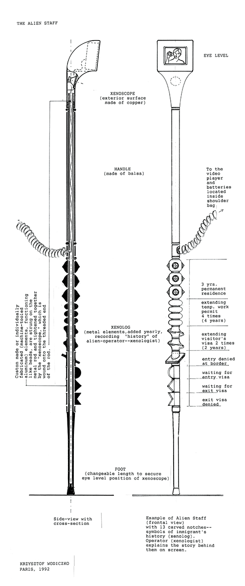 Line Drawing diagram of the Alien Staff showing views from the front and side, with written notes about fabrication, construction, and how various carved shapes relate to moments in the Staff user’s personal history.