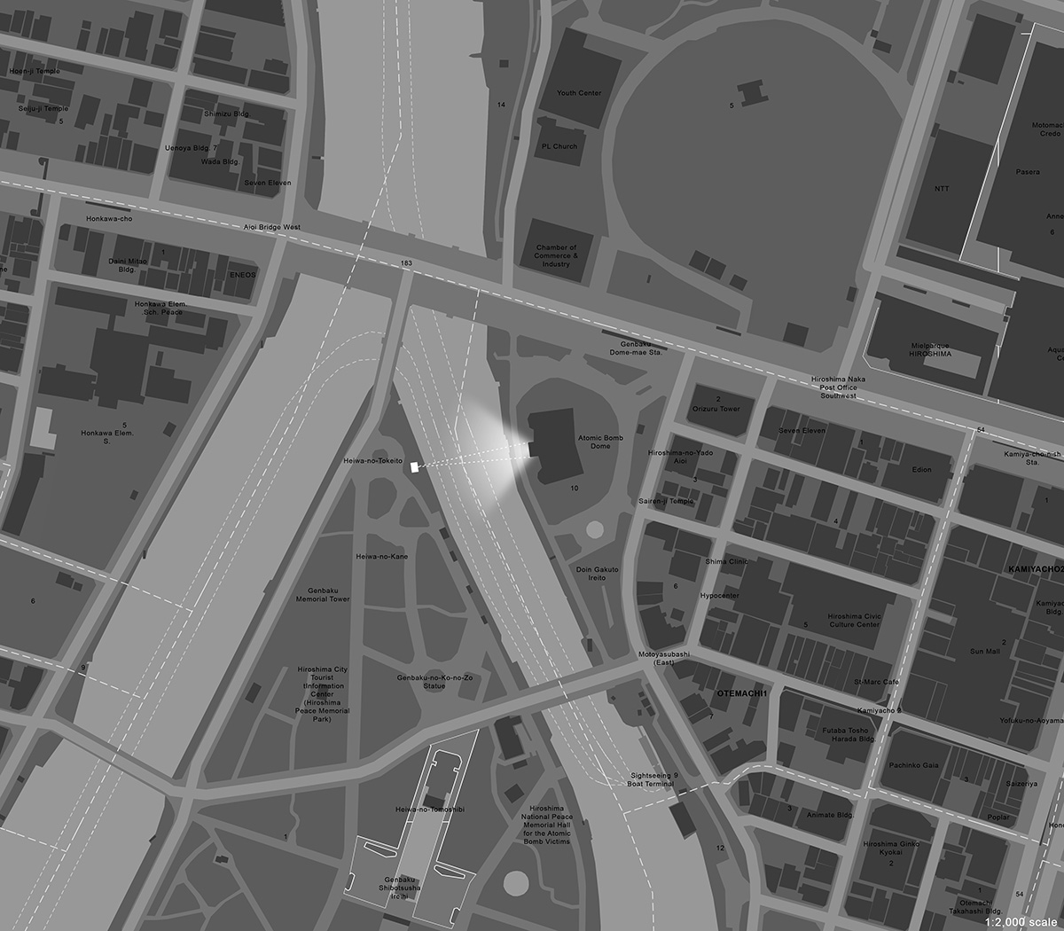 Aerial map of a section of Hiroshima, Japan, showing the location of the Atomic Bomb Dome along the edge of the Motoyasu River. A highlighted area on the west facade of the building shows the location of Wodiczko’s projection.