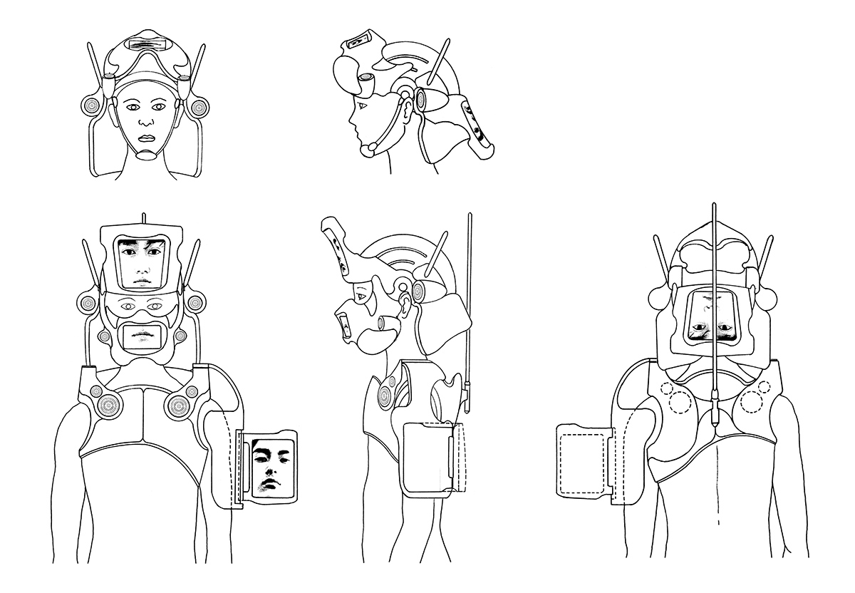 A line drawing diagram showing five different front and side views of a person wearing Dis-Armor. Multiple options are shown of how a face is displayed on the screens of the apparatus.