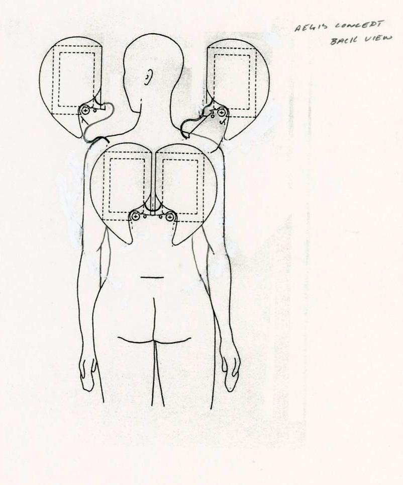 A pen and ink drawing of a human form wearing a minimalist version of Dis-Armor, with the words “Aegis Concept Back View” written in the upper right corner.