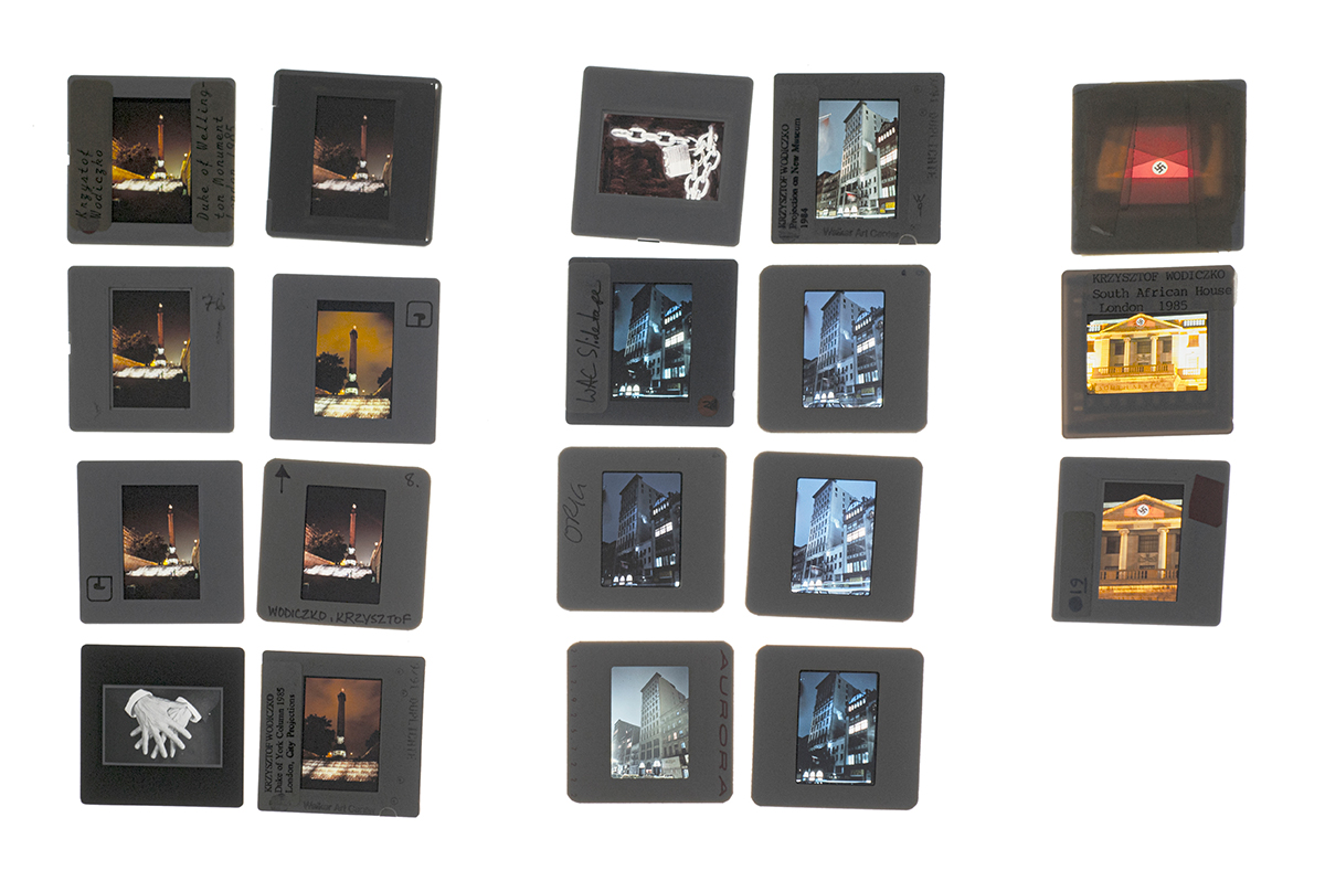 A detail of the light table showing a collection of slides of monuments and buidlings.