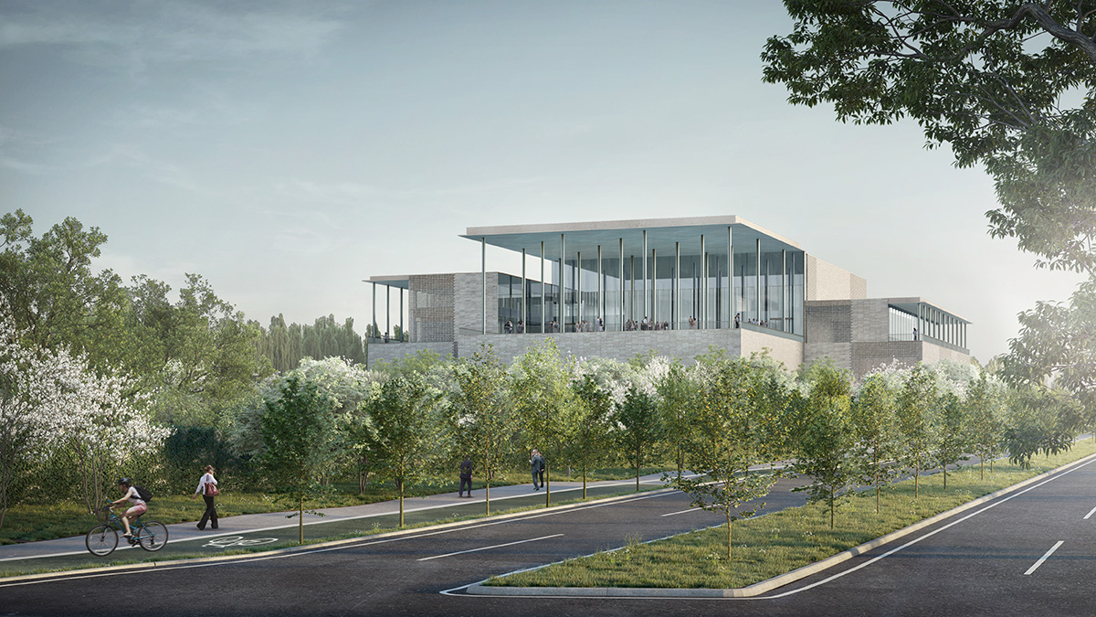 Ismaili Center render from the street with an abundance of trees