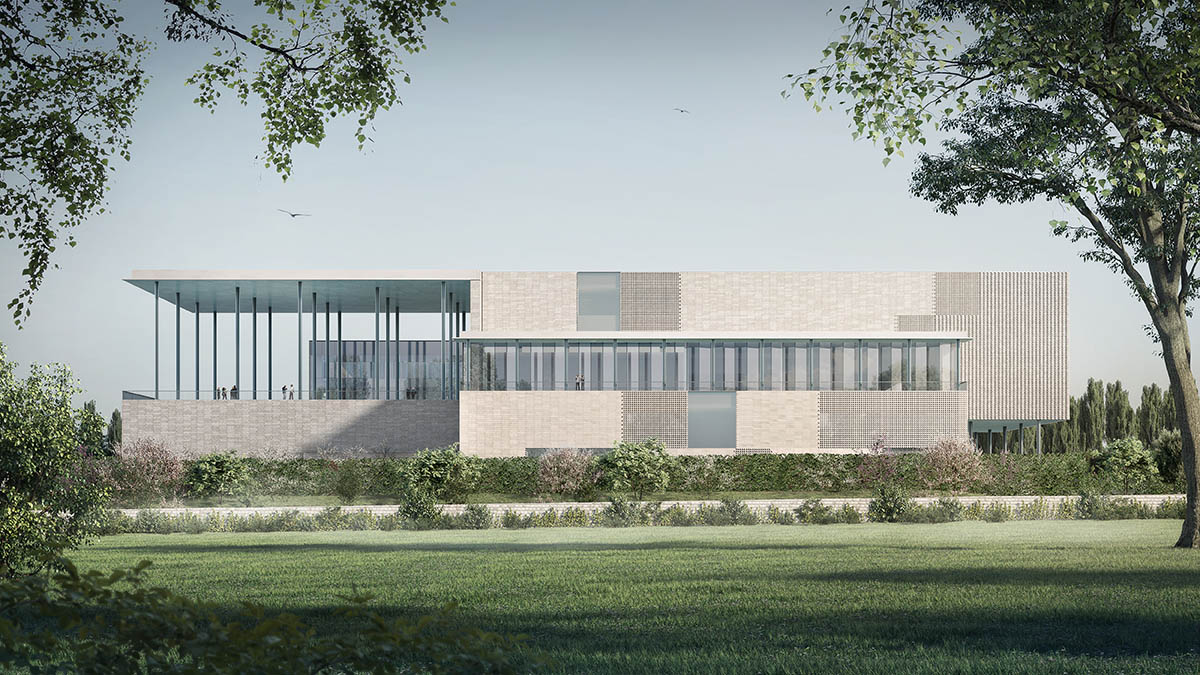 Exterior elevation render of Ismaili Center from the gardens