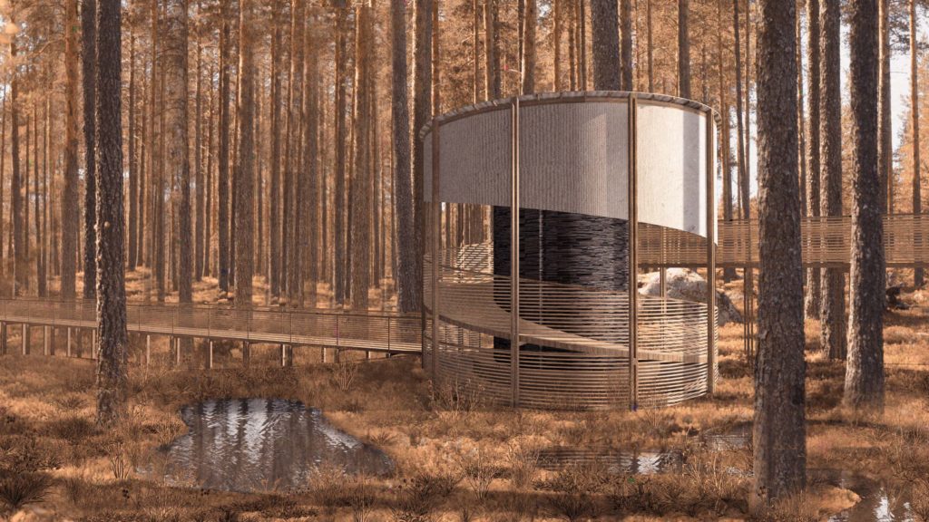 Rendering of a building wrapped around a tree in a forest.