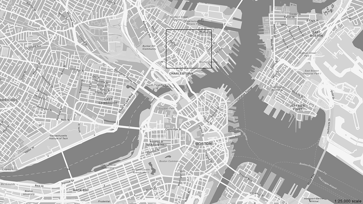 Aerial Map of Boston, Massachusetts with a rectangle around the neighborhood of Charlestown.