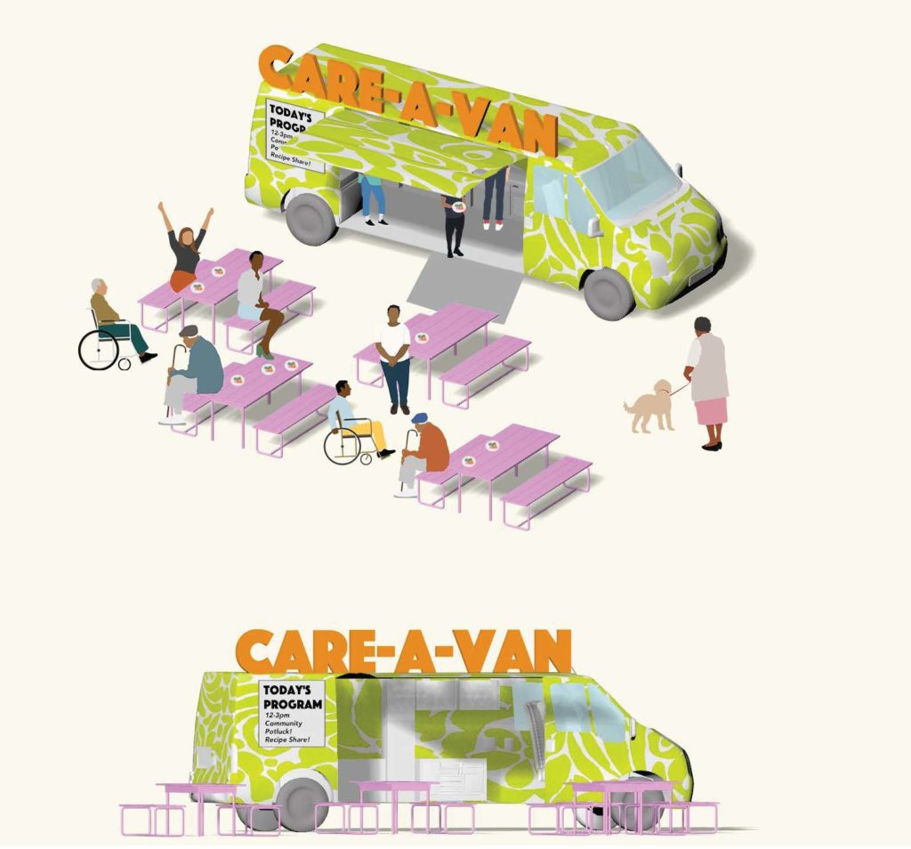 Rendering of converted bus painted lime green with orange signage that reads "Care-A-Van"