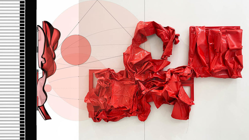 A red sculpture hangs on a wall. Next to the sculpture is a diagram of the sculpture rendered digitally.