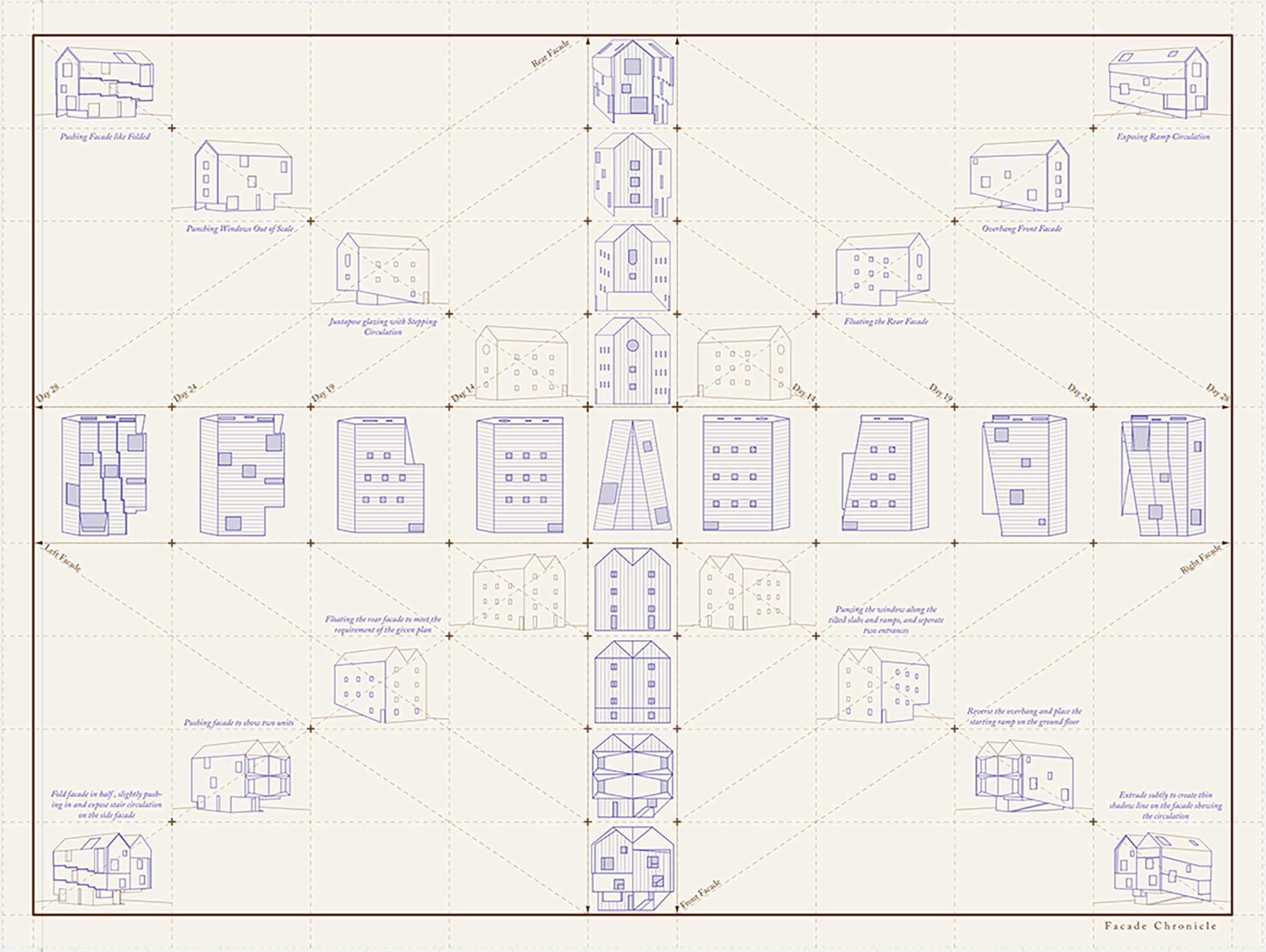 Architectural drawing of several structures drawn in blue and arranged in a grid
