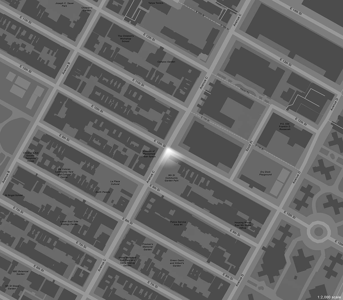 Aerial map of Manhattan, New York, showing a section of the Lower East Side between Avenue B and Avenue D. The corner of Avenue C and East 10th Street is highlighted.