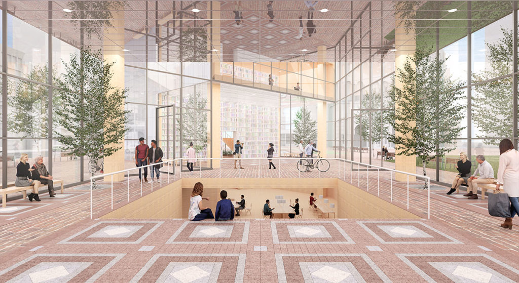 rendering of interior with light pink stone floor, curtain wall windows showing outdoor greenery