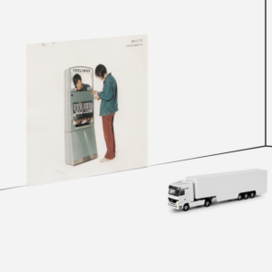 Collage of vending machine with man and white truck in white room