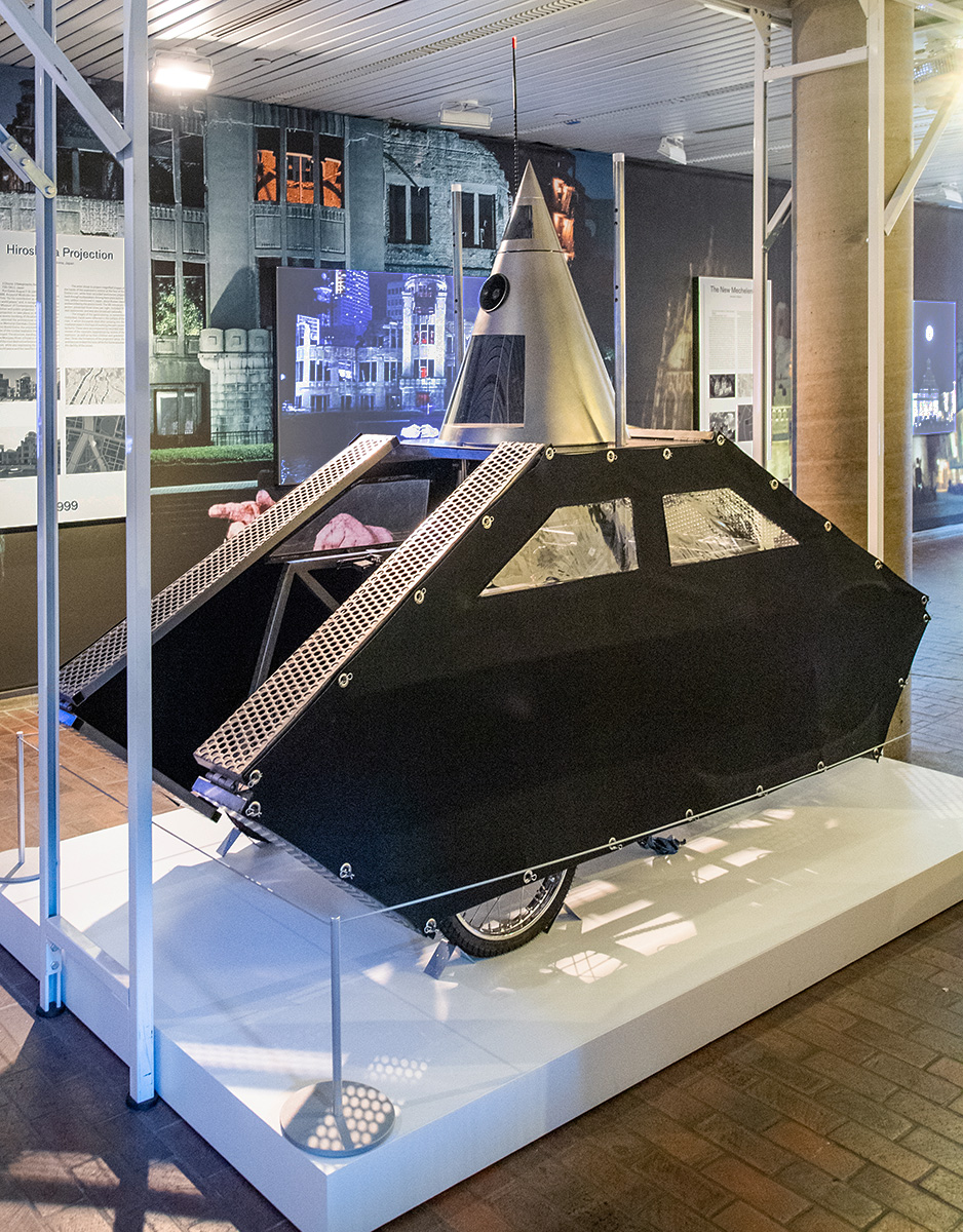 A view of Wodiczko’s “Poliscar,” a polygonal vehicle built of metal, fabric, and electronics, as seen in the GSD’s Druker Design Gallery.
