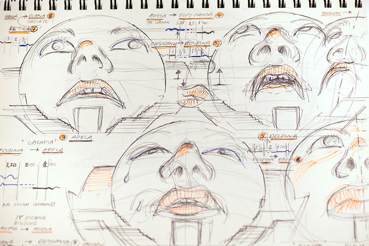 Detail of a page in a sketchbook showing pen and ink drawings of faces with different expressions.