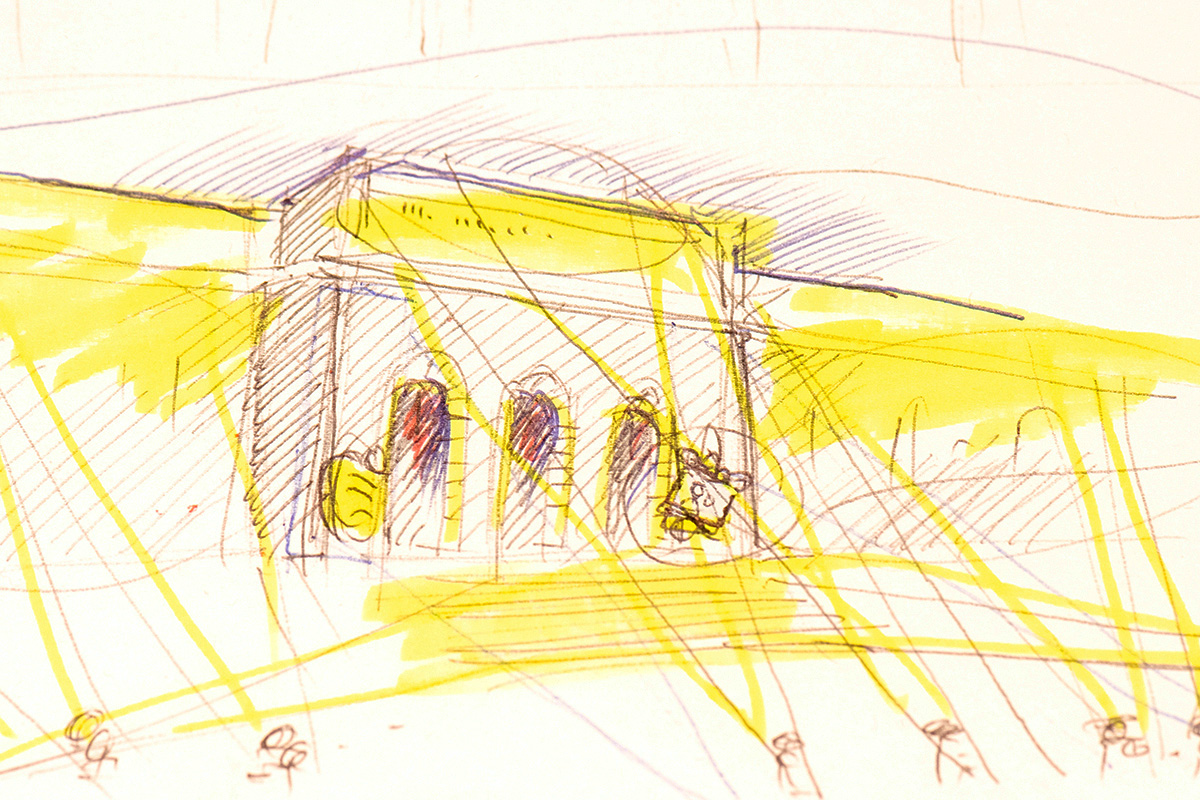 Pen and ink drawing in black and white with red and yellow highlights, depicting the facade of the Central Library with lines showing the direction of projection light onto the building and the locations of the projections on the facade.