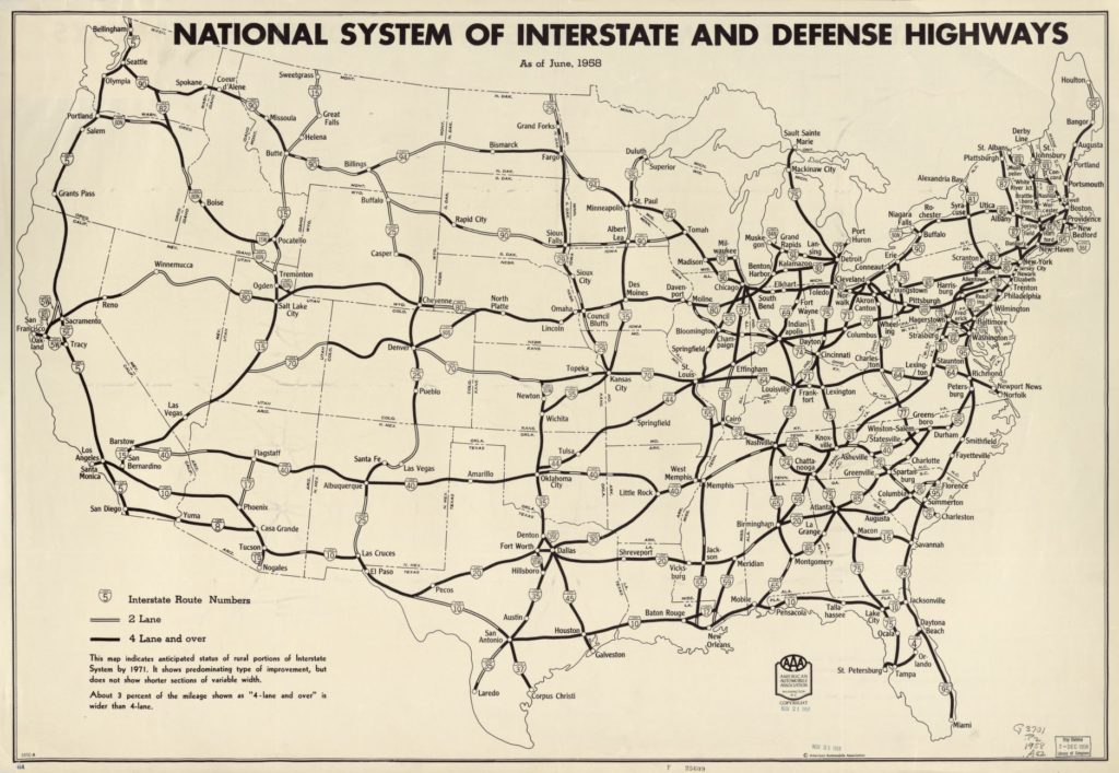 Map of US with interstate highway lines bisecting the land.