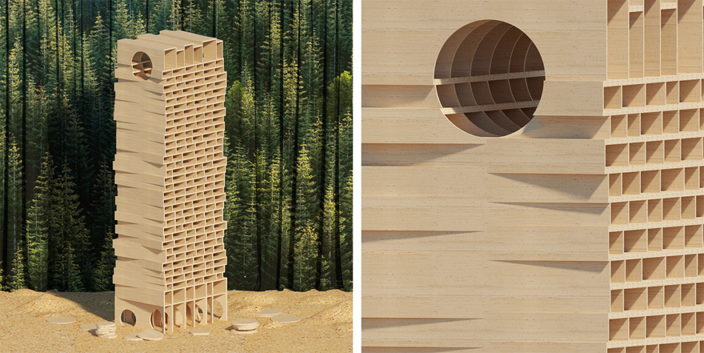 left: model of timber tower with undulating facade and circular opening at top; right: close up of circular opening 