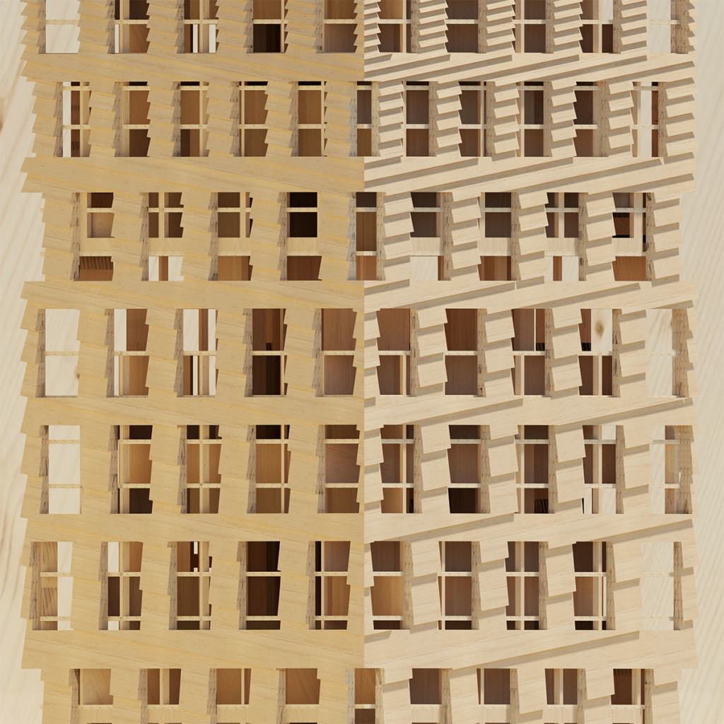 corner view of light wood architectural model with many windows and shingles 