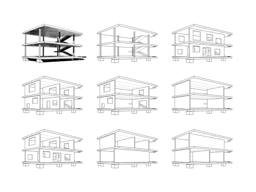 9 black and white building frames arranged in a grid; varying degree of windows and detail on each building