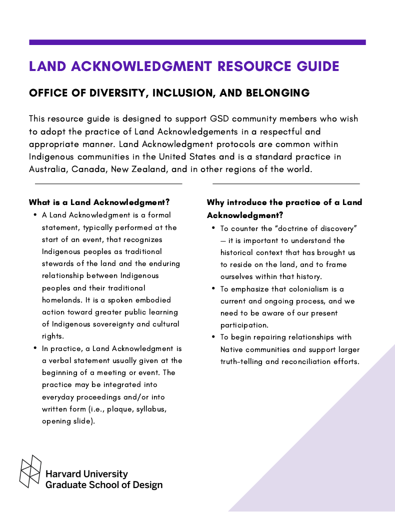 Land Acknowledgement Resource guide page one. Click for a screenreader accessible PDF.
