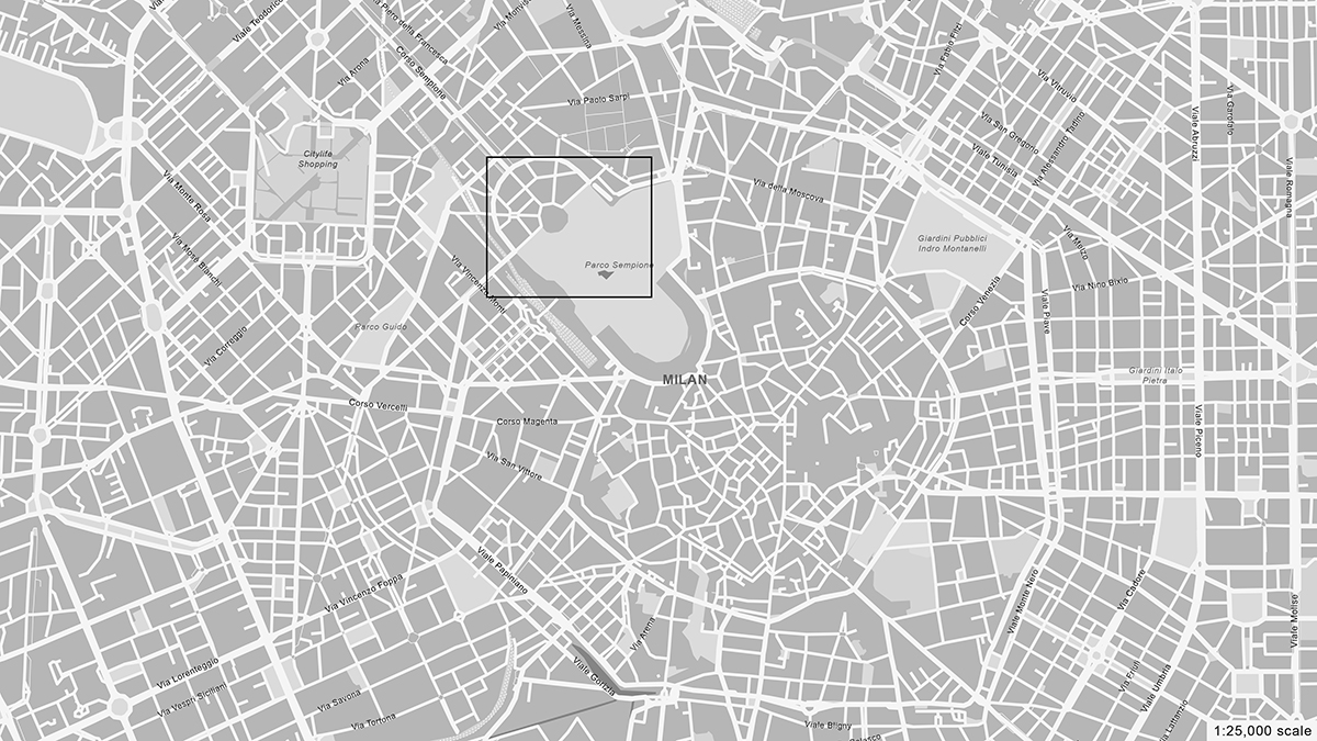Aerial map of Milan, Italy, with a rectangle around a section including the Parco Sempione.