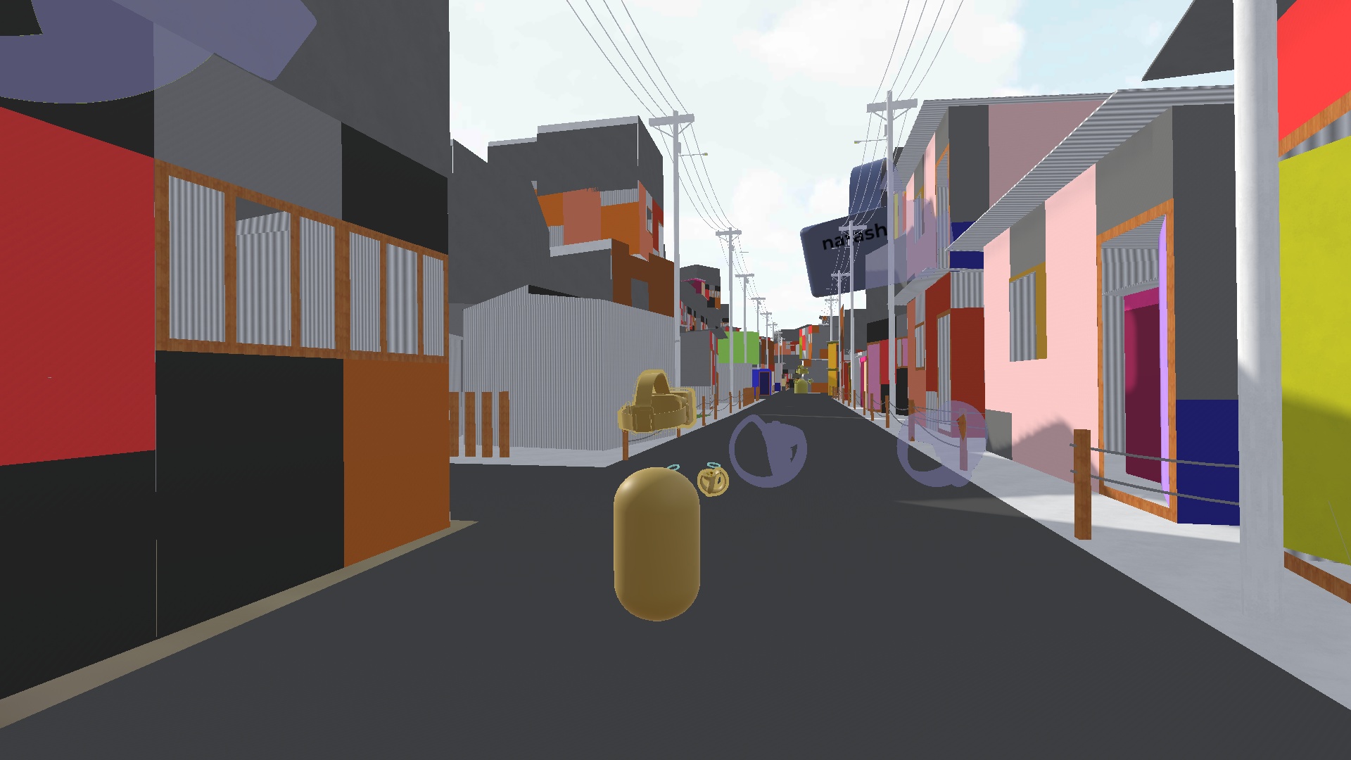 Colorful avatars float down the street through a cartoon site. Houses line both sides of the road.