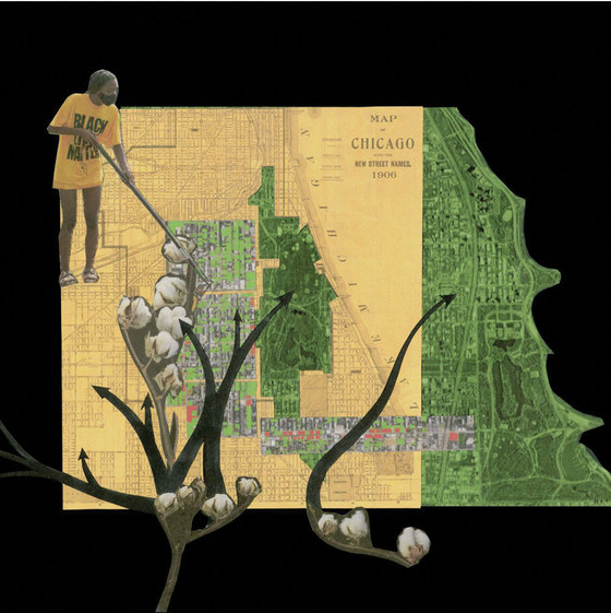 Collage featuring a map of Chicago with a masked Black person holding a stick over a larger than life drawing of cotton.