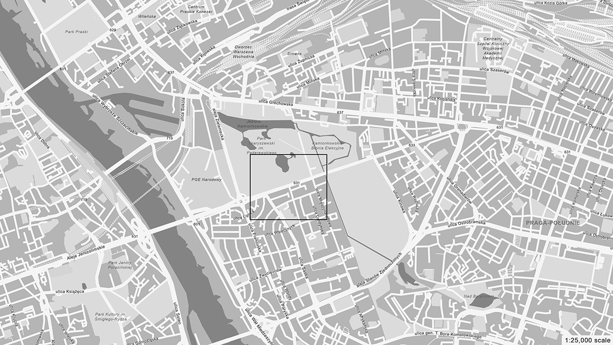 Aerial map of Warsaw, Poland, with a rectangle around a section east of the river near Skaryszewski Park.