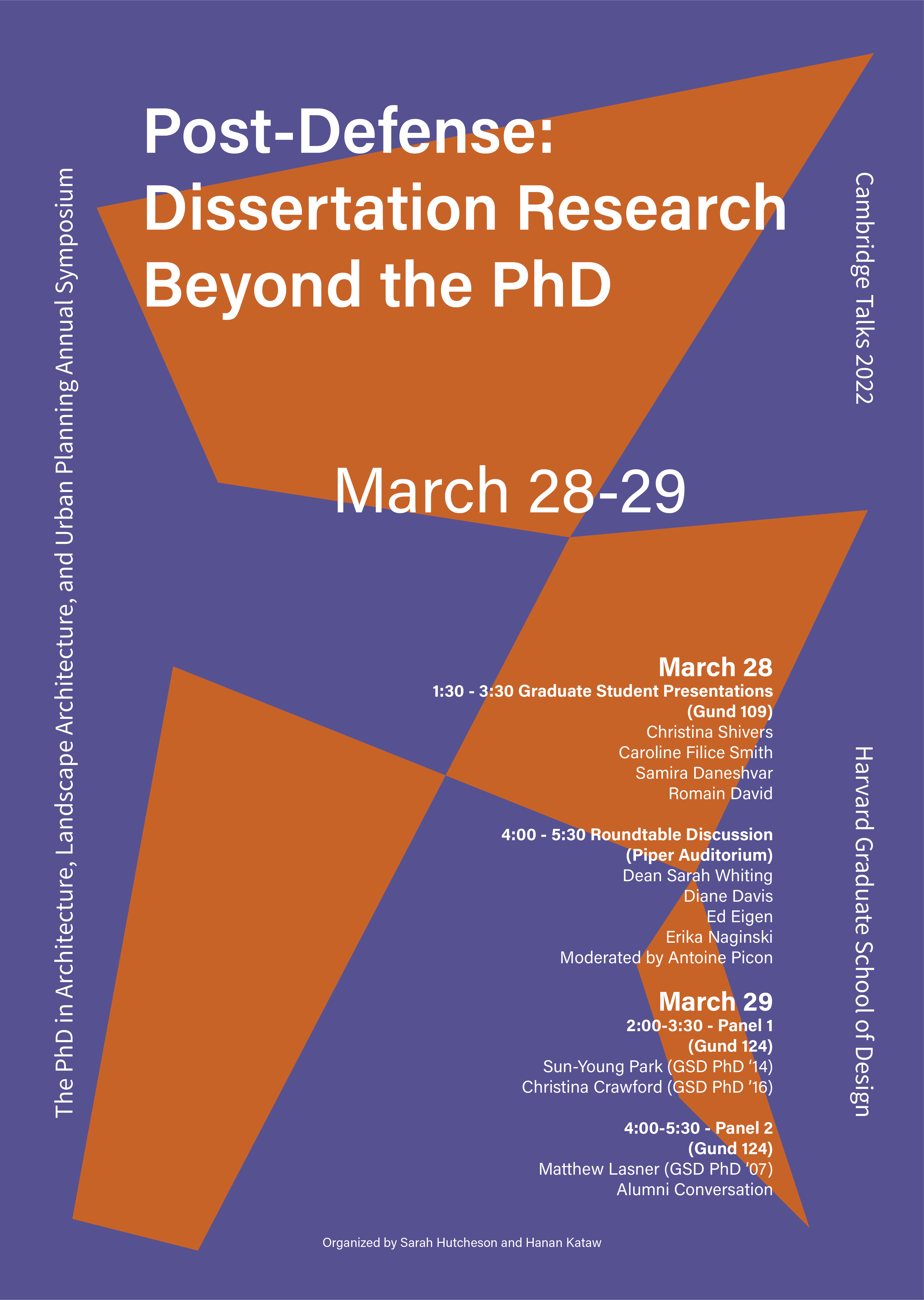 Purple and orange poster with white text advertising the Cambridge Talks event.
