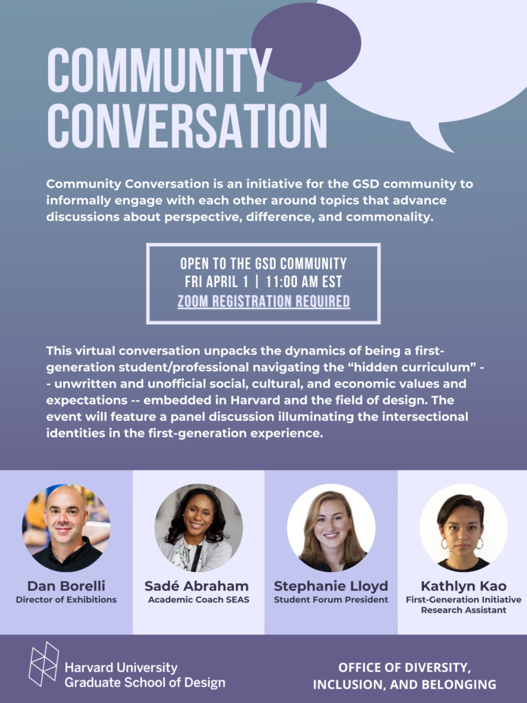 First Generation Experience Community Conversation poster. An array of student and professional panelists are displayed.