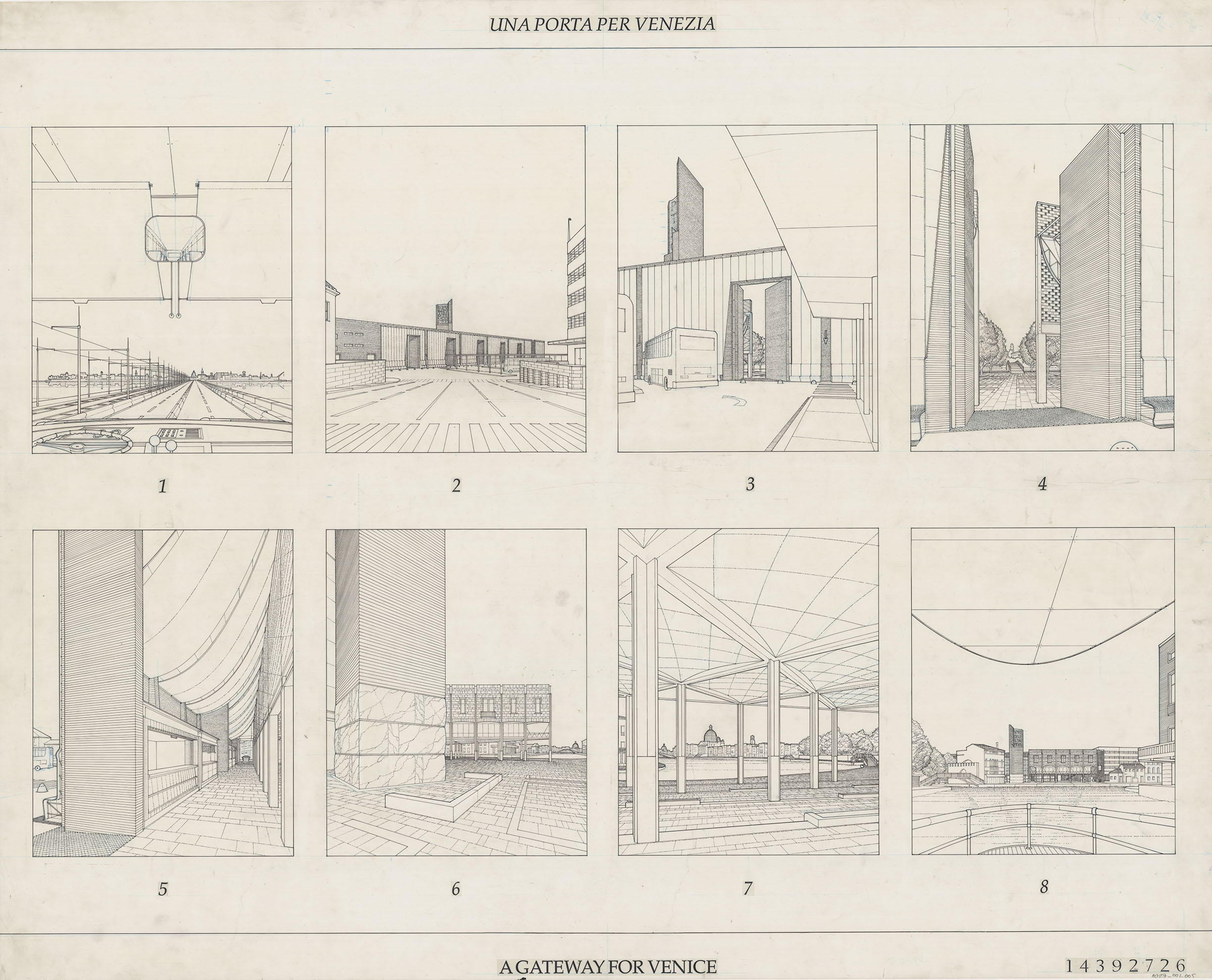 Eight Drawings of various views of fanciful architecture proposal