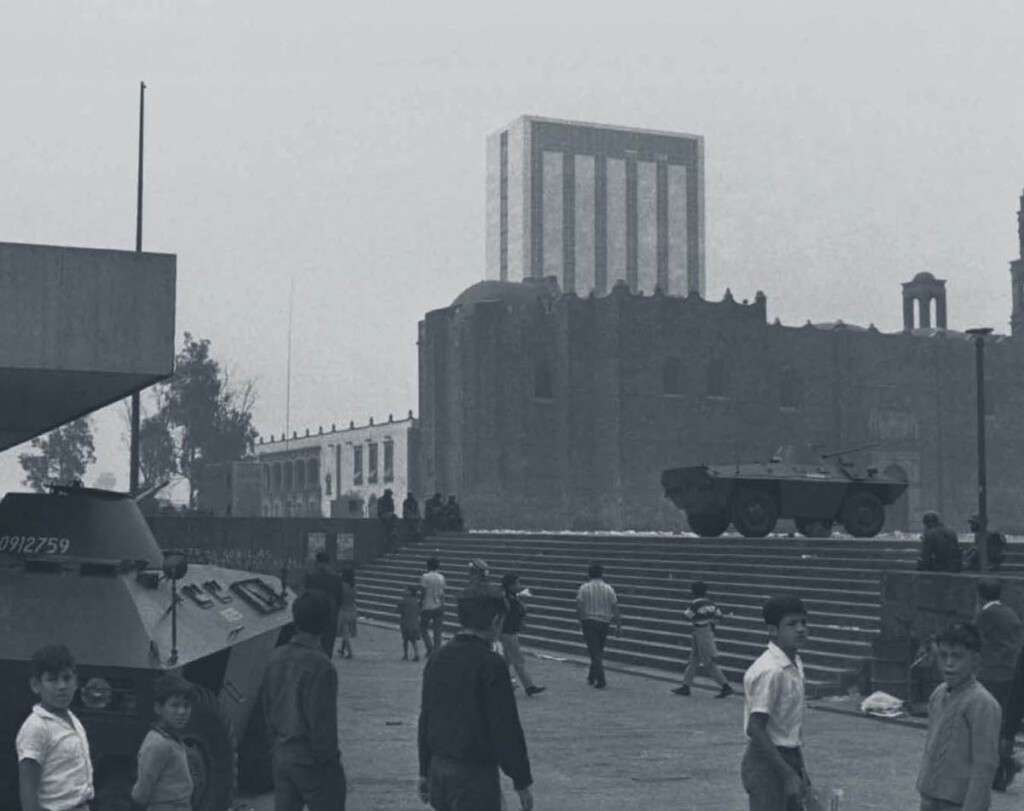 Gray-toned image of military vehicles and young boys amidst a plaza with large buildings.