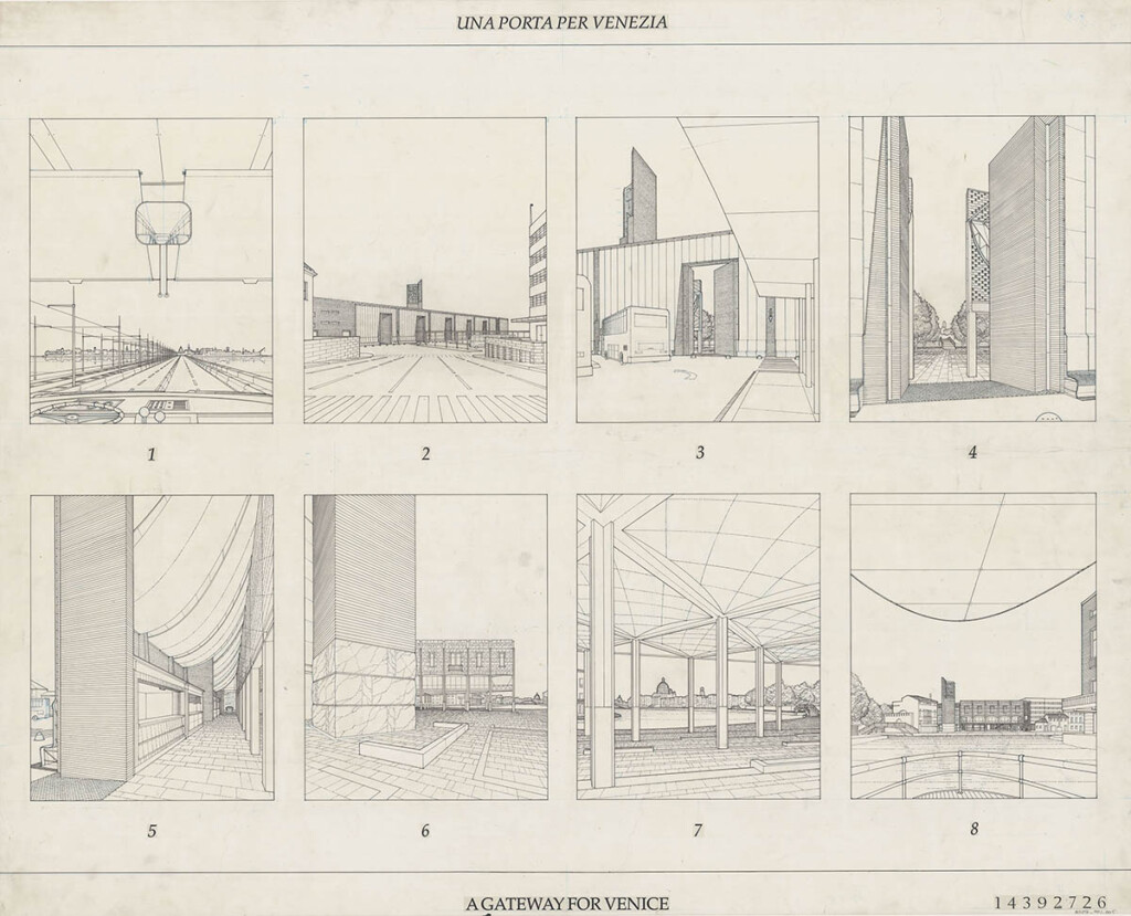 A series of 8 gray drawings of a building.