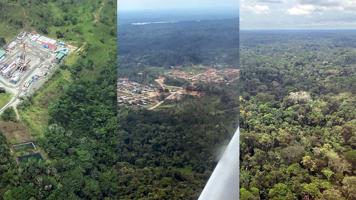 Three images of a lush forest near a city and a construction site, from above.