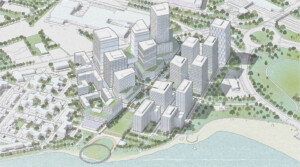 Rendering showing a cluster of medium size building in the middle of the photo and waterfront in the lower part of the image