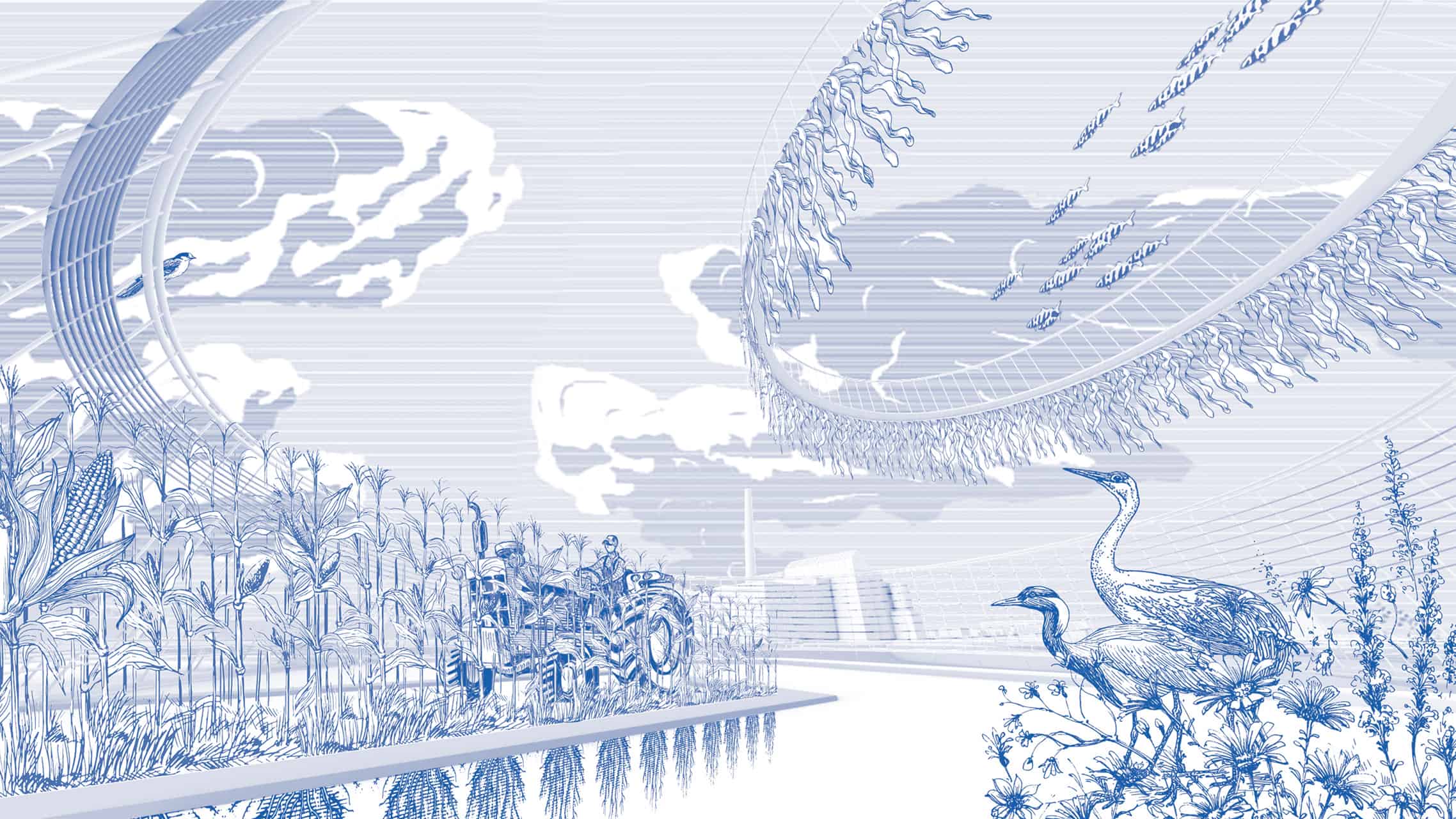 A blue and white digital line drawing depicting cranes and a farmer by a waterway.