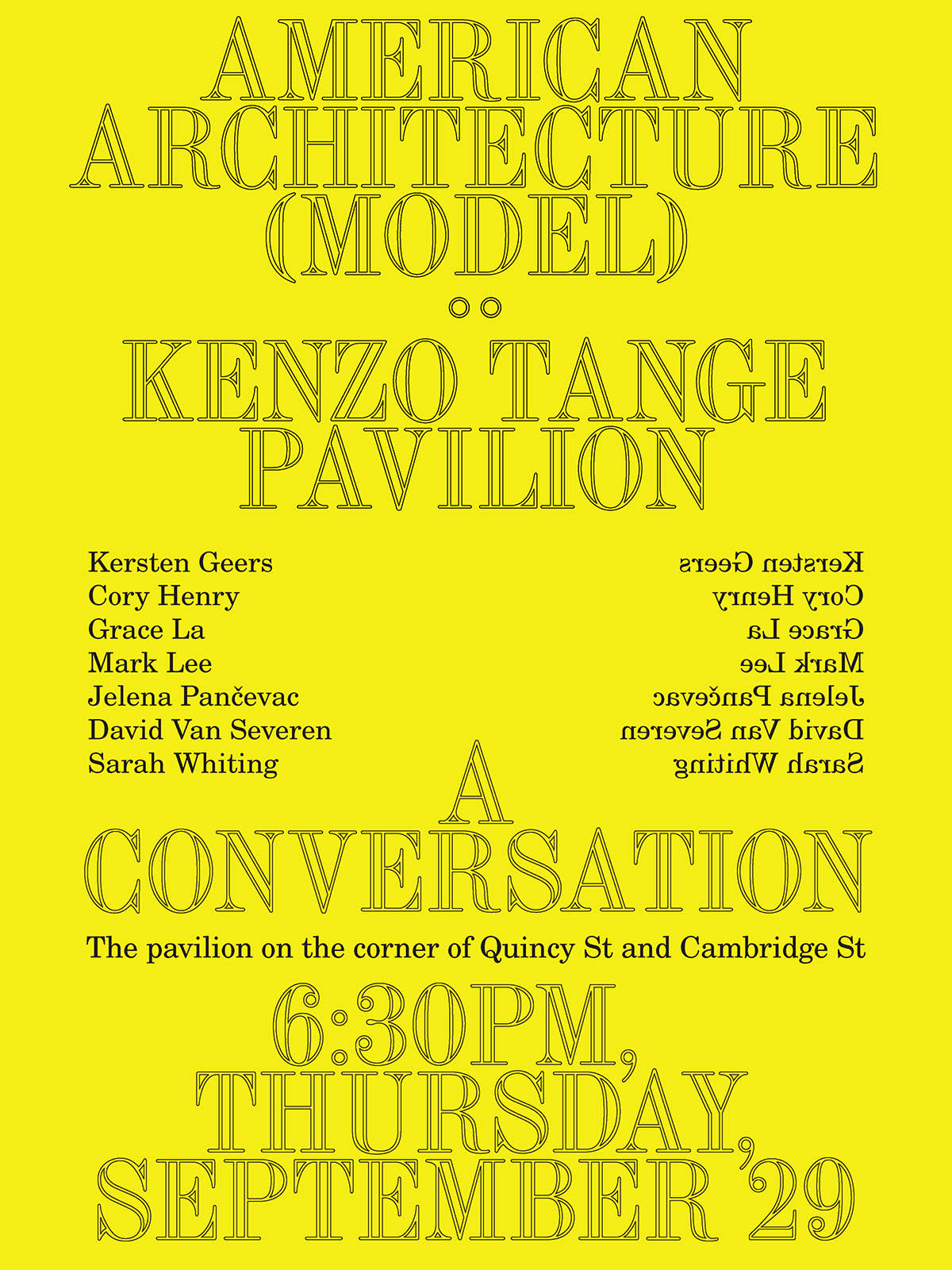 Yellow poster with black text advertising the event about the Kenzo Tange Pavilion.