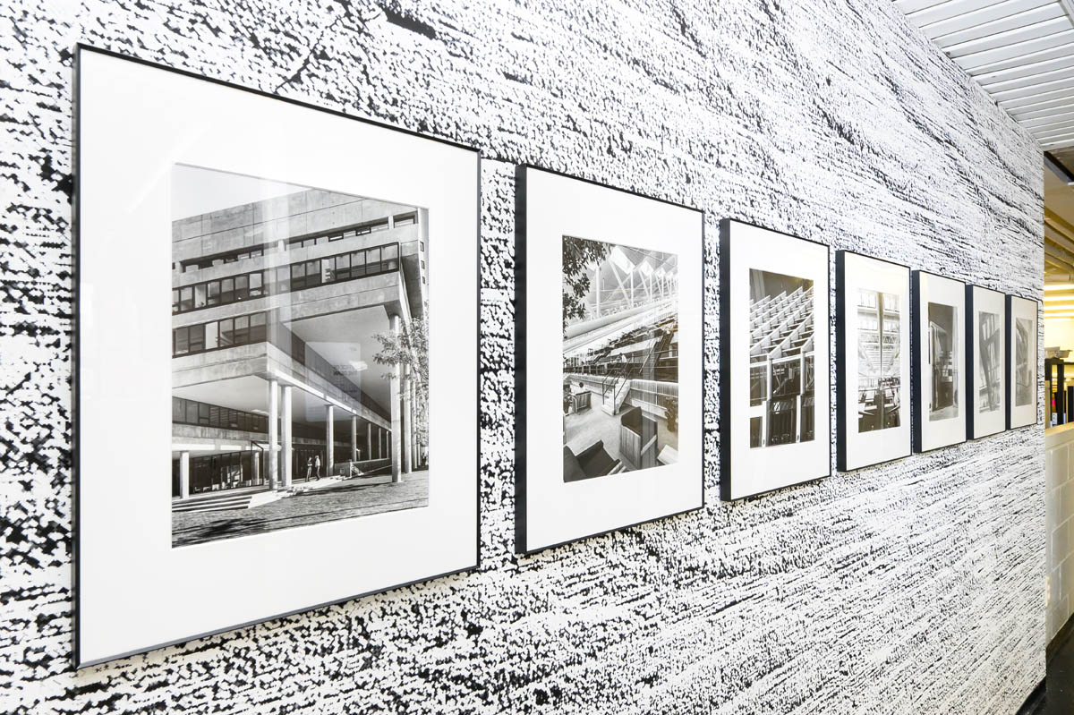 Seven framed photographs of Gund Hall in the 1970's against a stylized cement textured background.