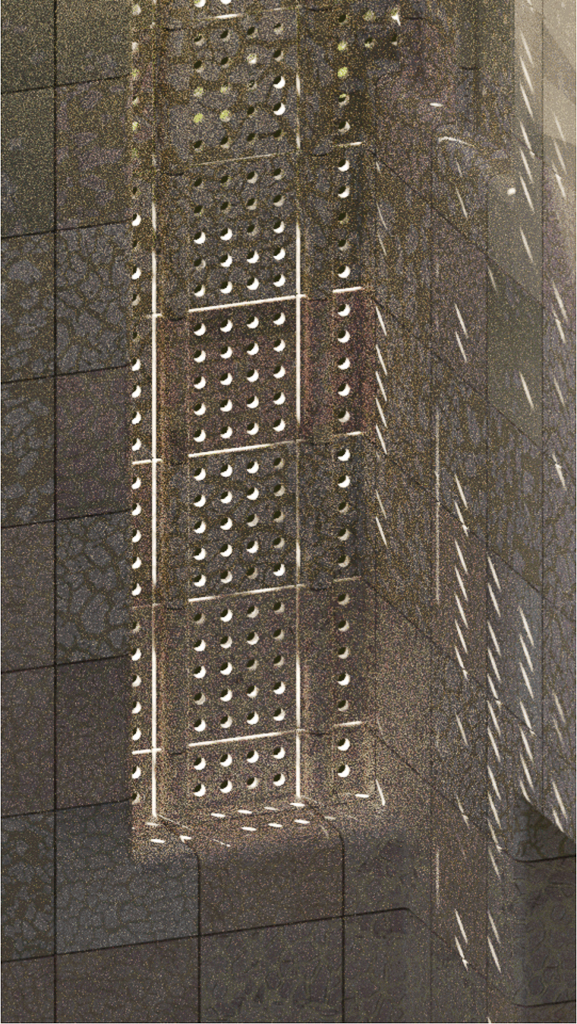 View of tiled facade with perforation letting natural light in.