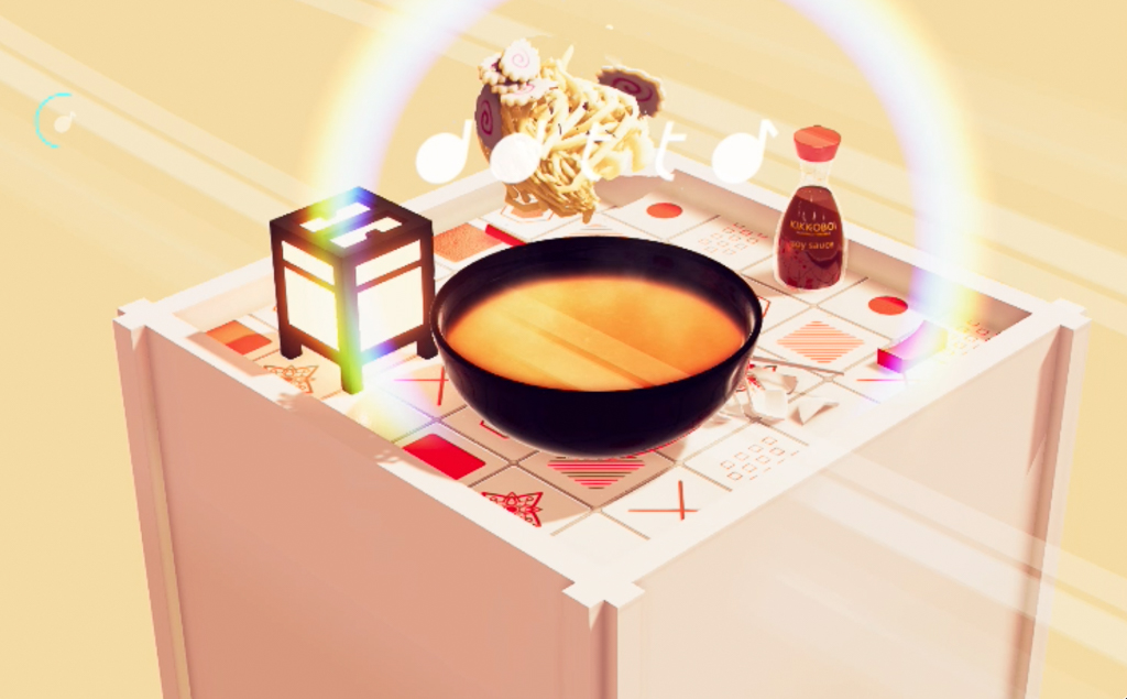 Digital image of square table-scape wit bowl of soup and soy sauce container 