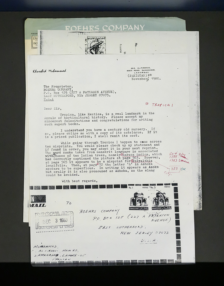 A collection of papers with a typewritten letter from Khurshid Muhammad of Samanabad, Pakistan to Roehrs Company of East Rutherford, New Jersey on top.